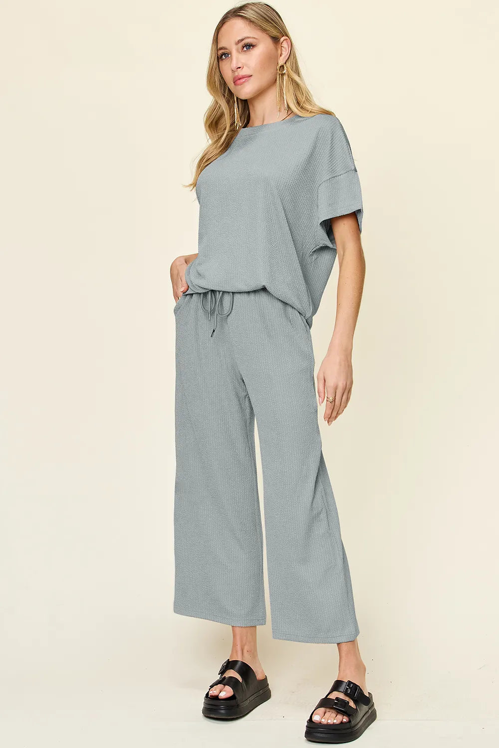 Double Take Full Size Texture Round Neck Short Sleeve T-Shirt and Wide Leg Pants - CHIC TB