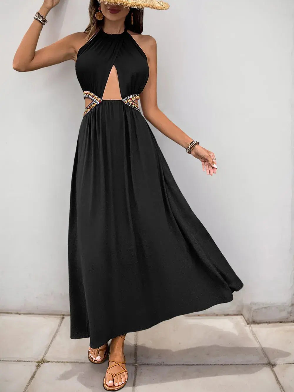 Perfee Cutout Grecian Neck Tied Back Dress.