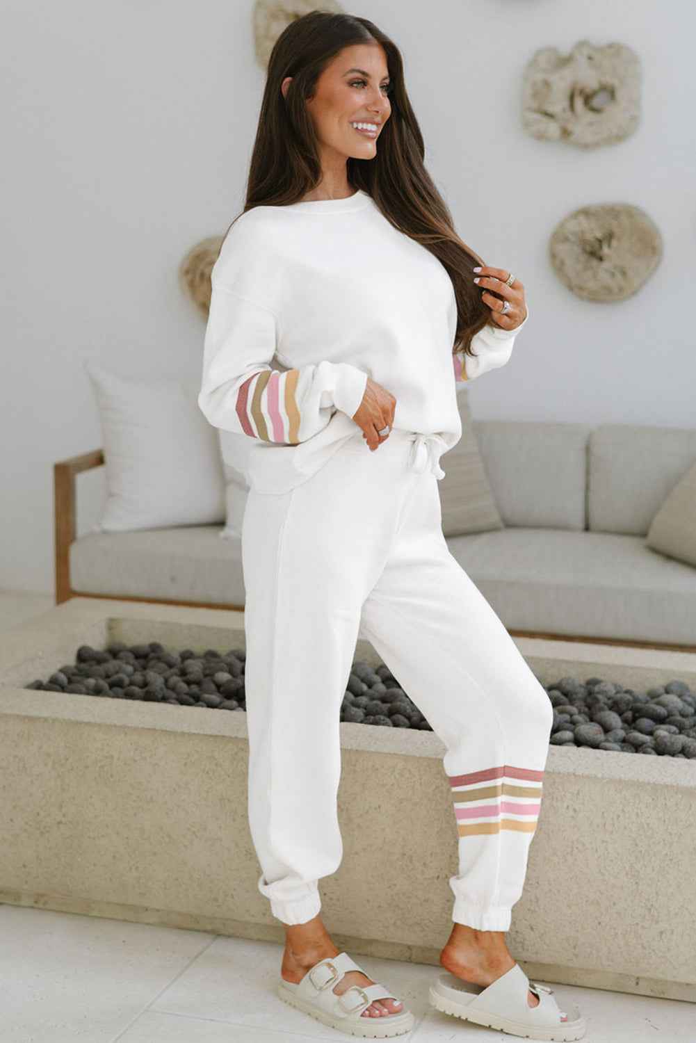 Beige Striped Drop Shoulder Round Neck Pullover and Jogger Pants Active Outfit
