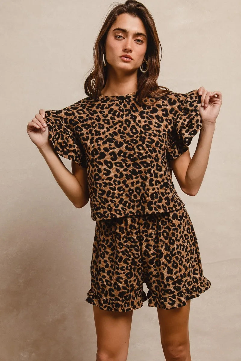 BiBi Leopard Print Waffle Texture Layered Ruffle Sleeve Top and Shorts Set.