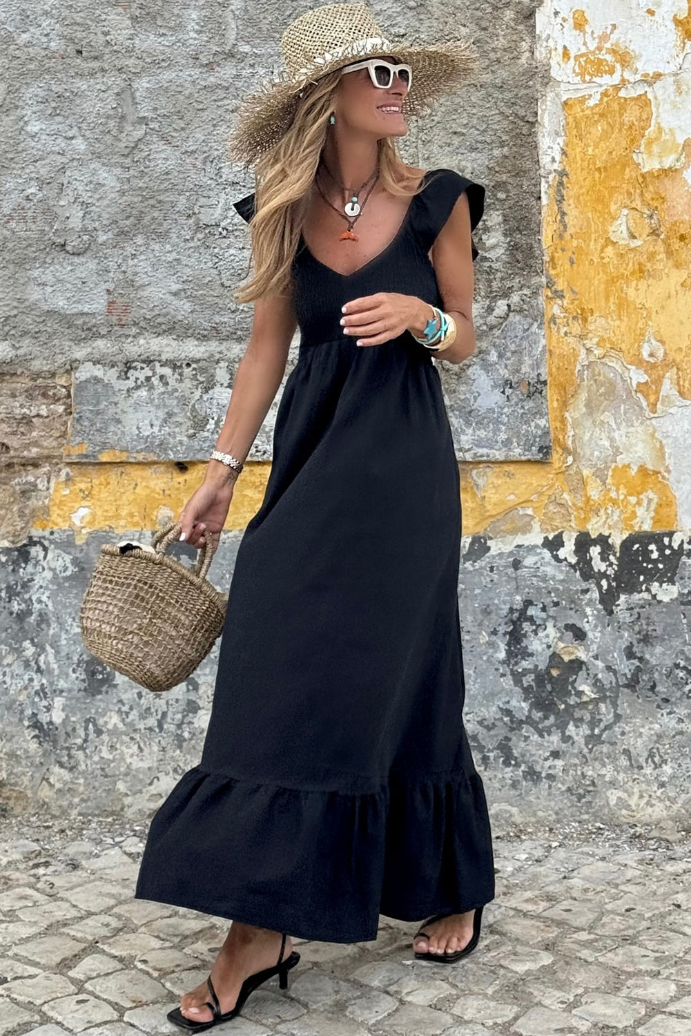 Black V Neck Flutter Sleeve Smocked Bodice High Waist Ruffle Maxi Dress Dear-Lover Dropshipping