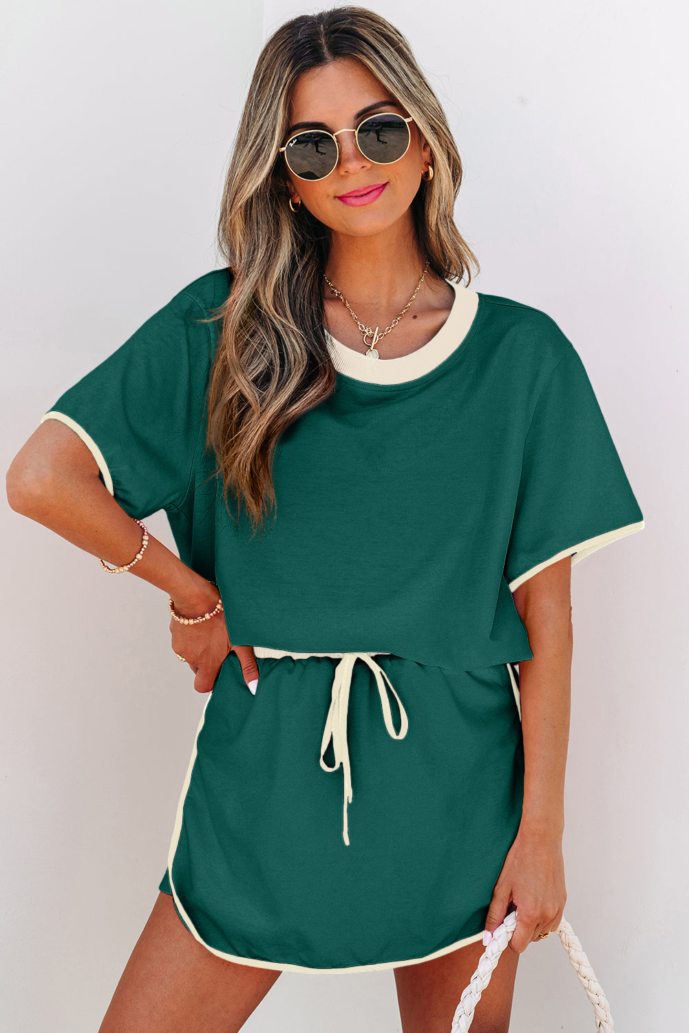 Evergreen Colorblock Edge Drop Shoulder T Shirt and Skort 2Pcs Set Dear-Lover Dropshipping