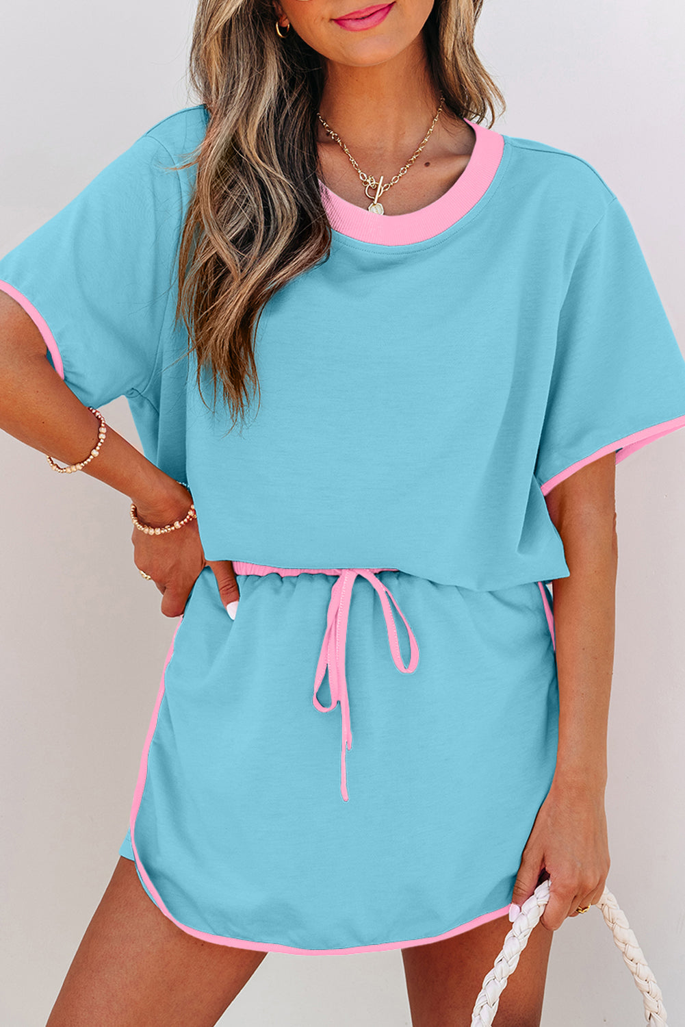 Turquoise Colorblock Edge Drop Shoulder T Shirt and Skort 2Pcs Set Dear-Lover Dropshipping