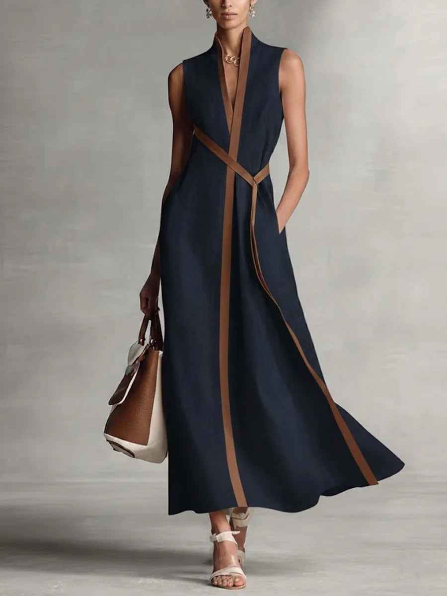 Color Block Sleeveless Stand Collar Linen Blend Dress