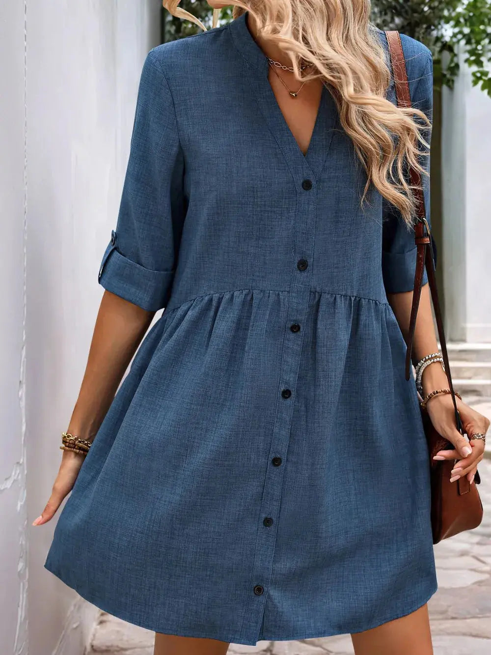 Perfee Button Down Notched Half Sleeve Mini Shirt Dress.