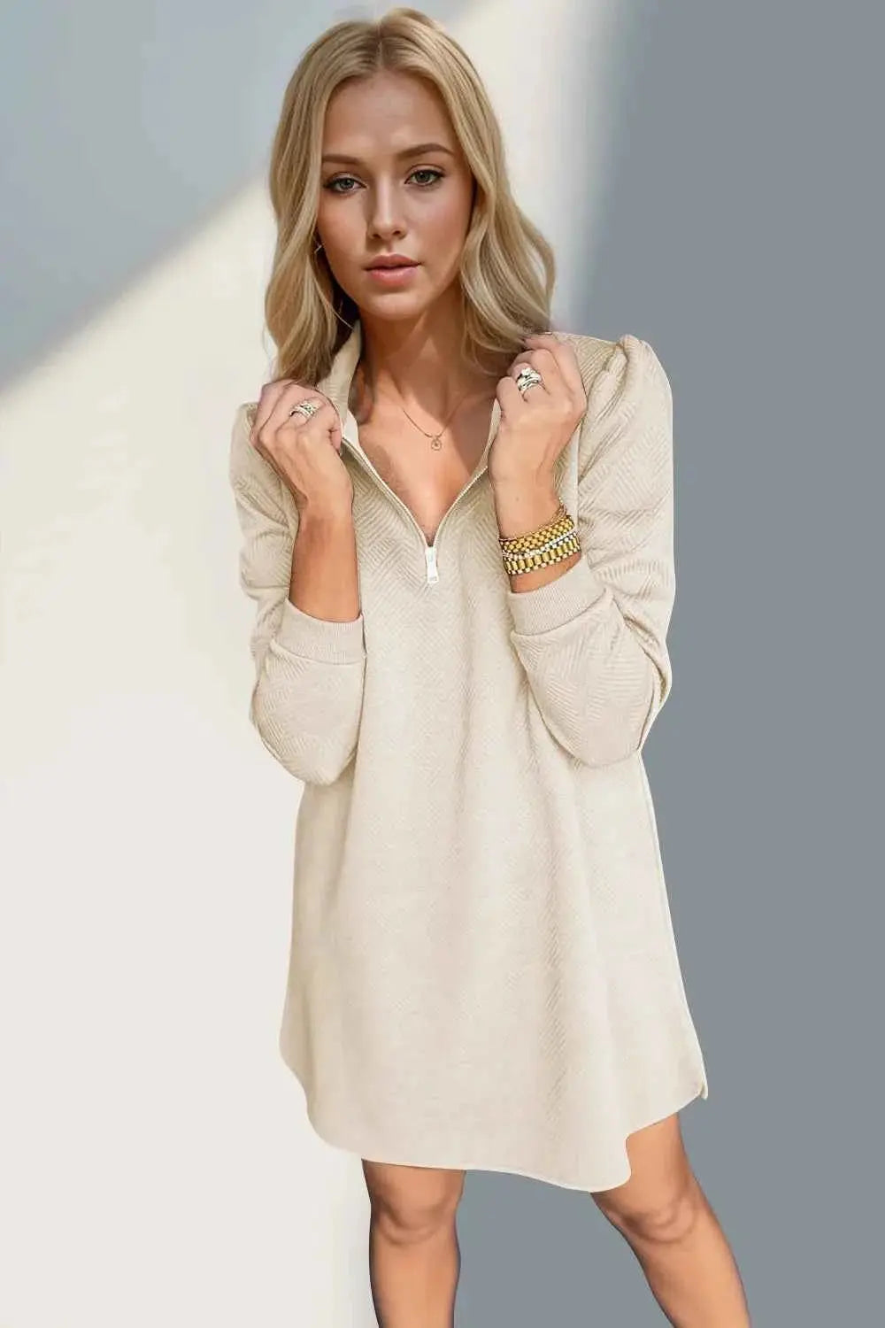 Double Take Textured Quarter Zip Long Sleeve Dress.