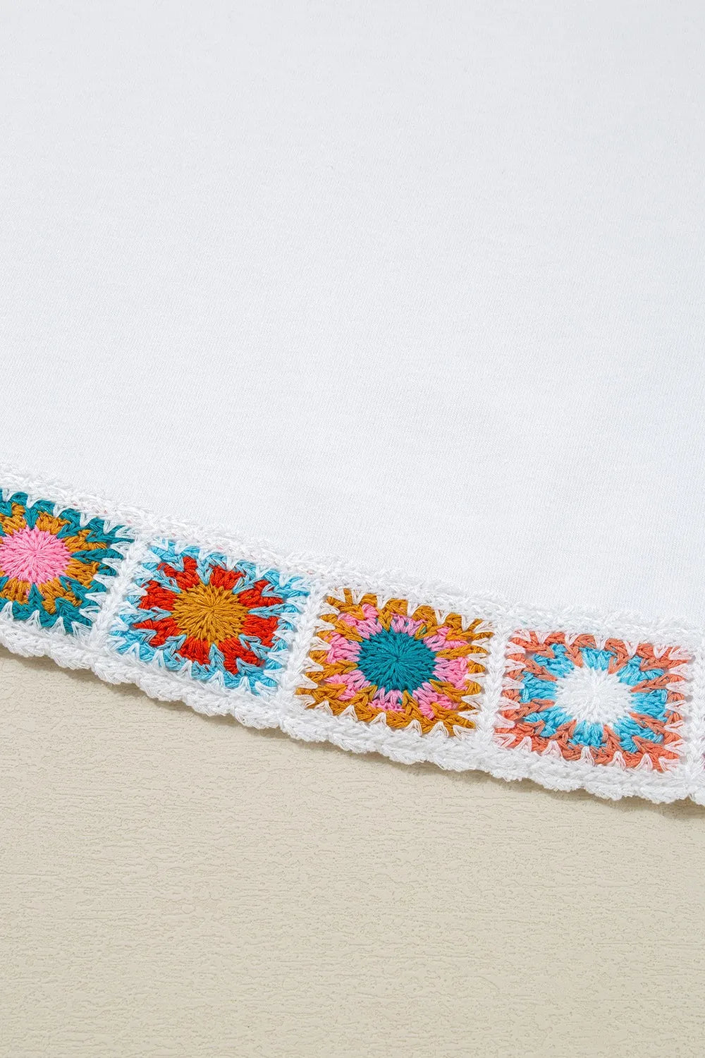 Floral Crochet Patched Ruffled Sleeve Crewneck Blouse.