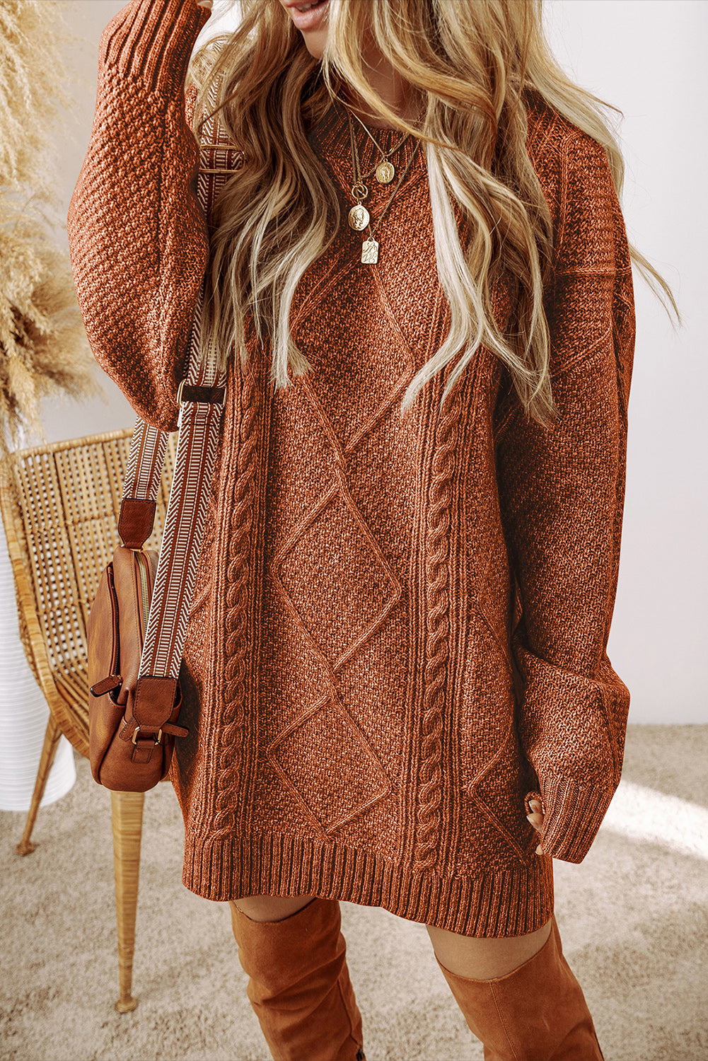 Coffee Cable Knit Drop Shoulder Loose Fit Sweater Dress Dear-Lover Dropshipping