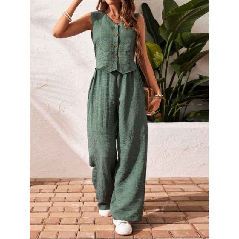 Linen Leisure Commute Front Button Vest And Trousers
