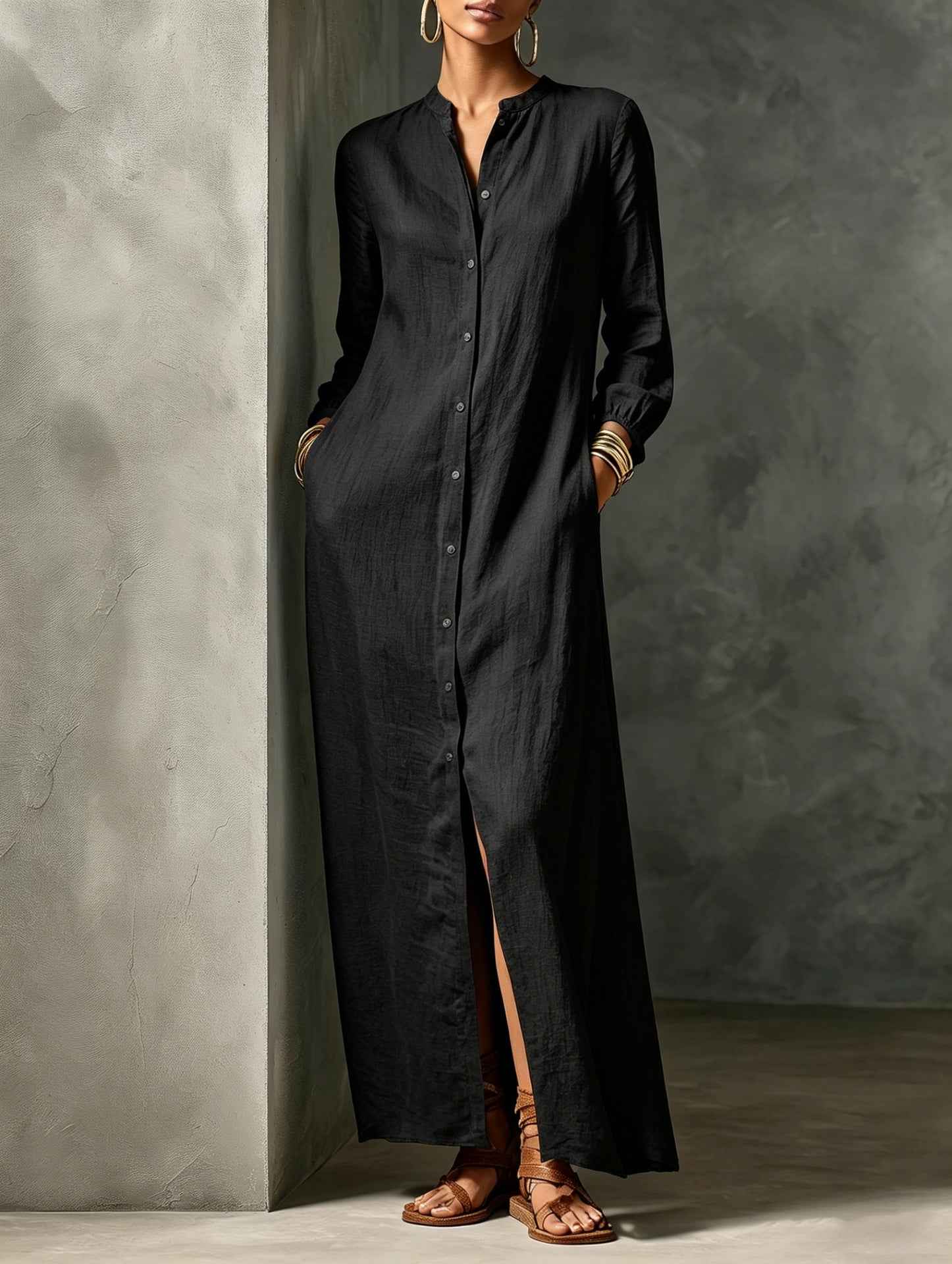 Womens Solid-color Mandarin-collar Long-sleeve Side-slit Pocket Dress