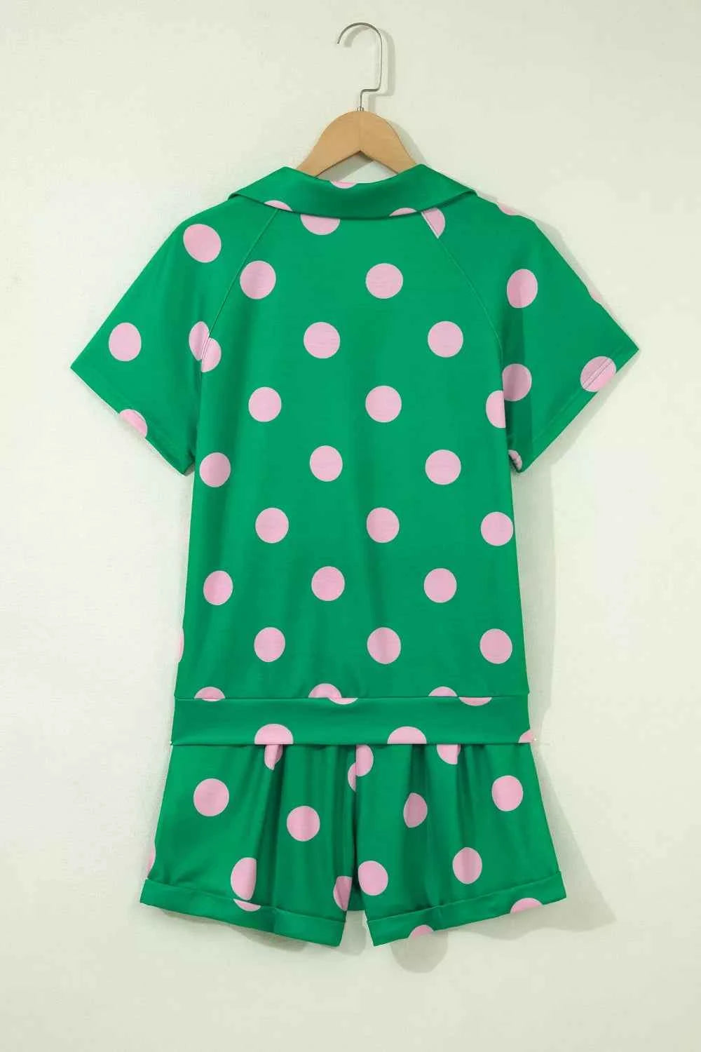 Polka Dot Print V Neck Tee Short Set