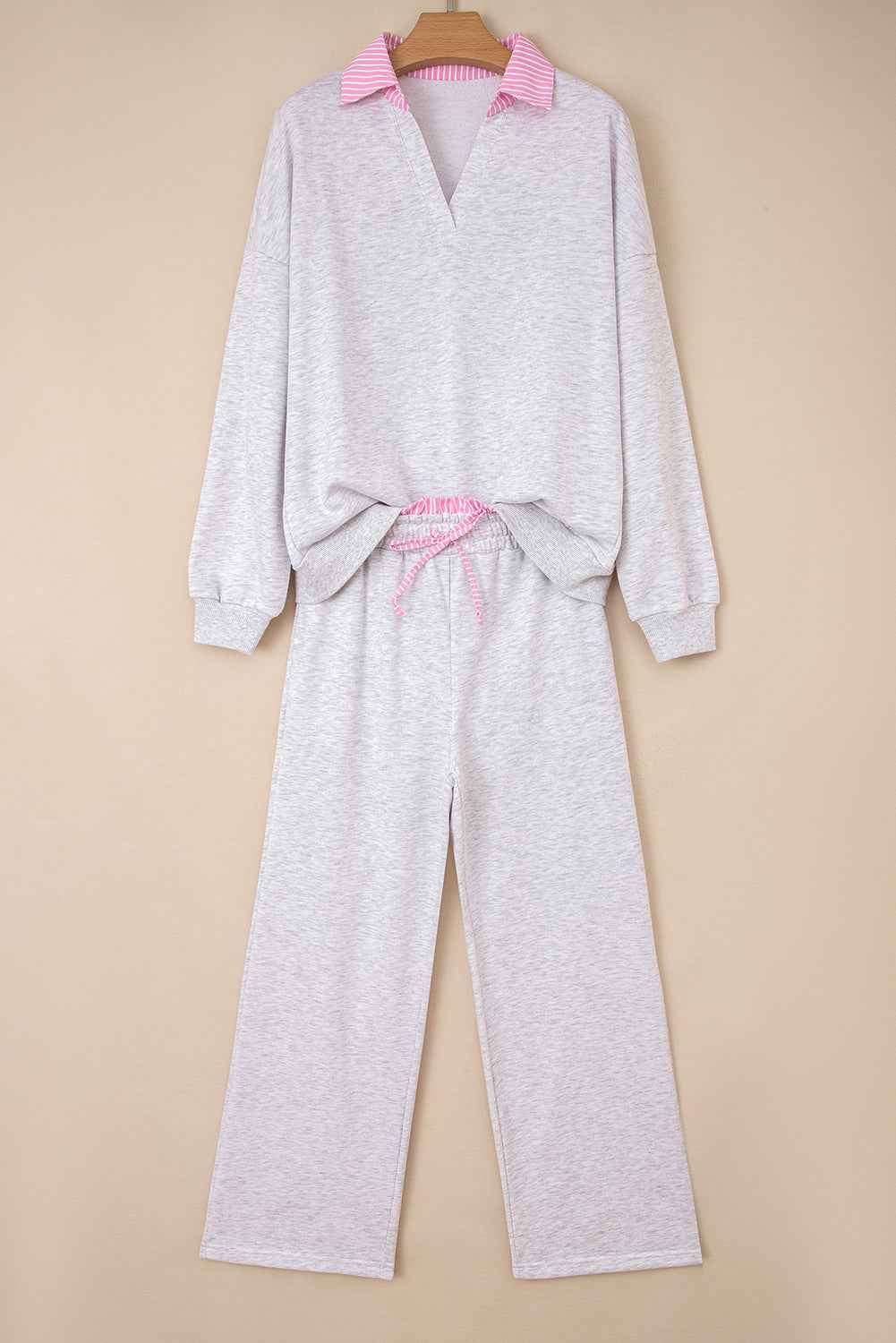 Light Grey 2pcs Contrasted Trim Frilled Collar Drop Shoulder Pullover Drawstring Pant Set
