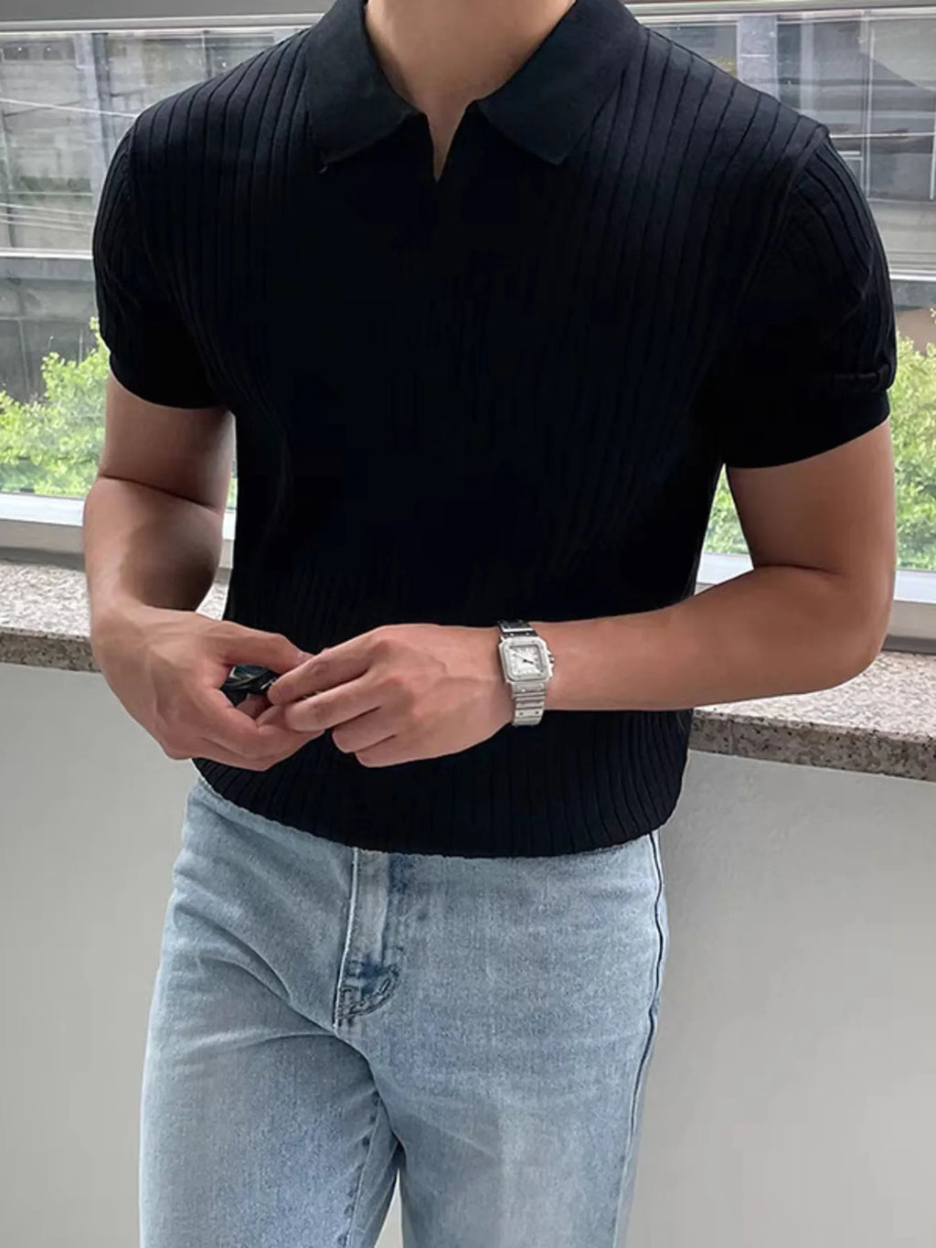 Men's Full Size Ribbed Short Sleeve Polo Plus Size.