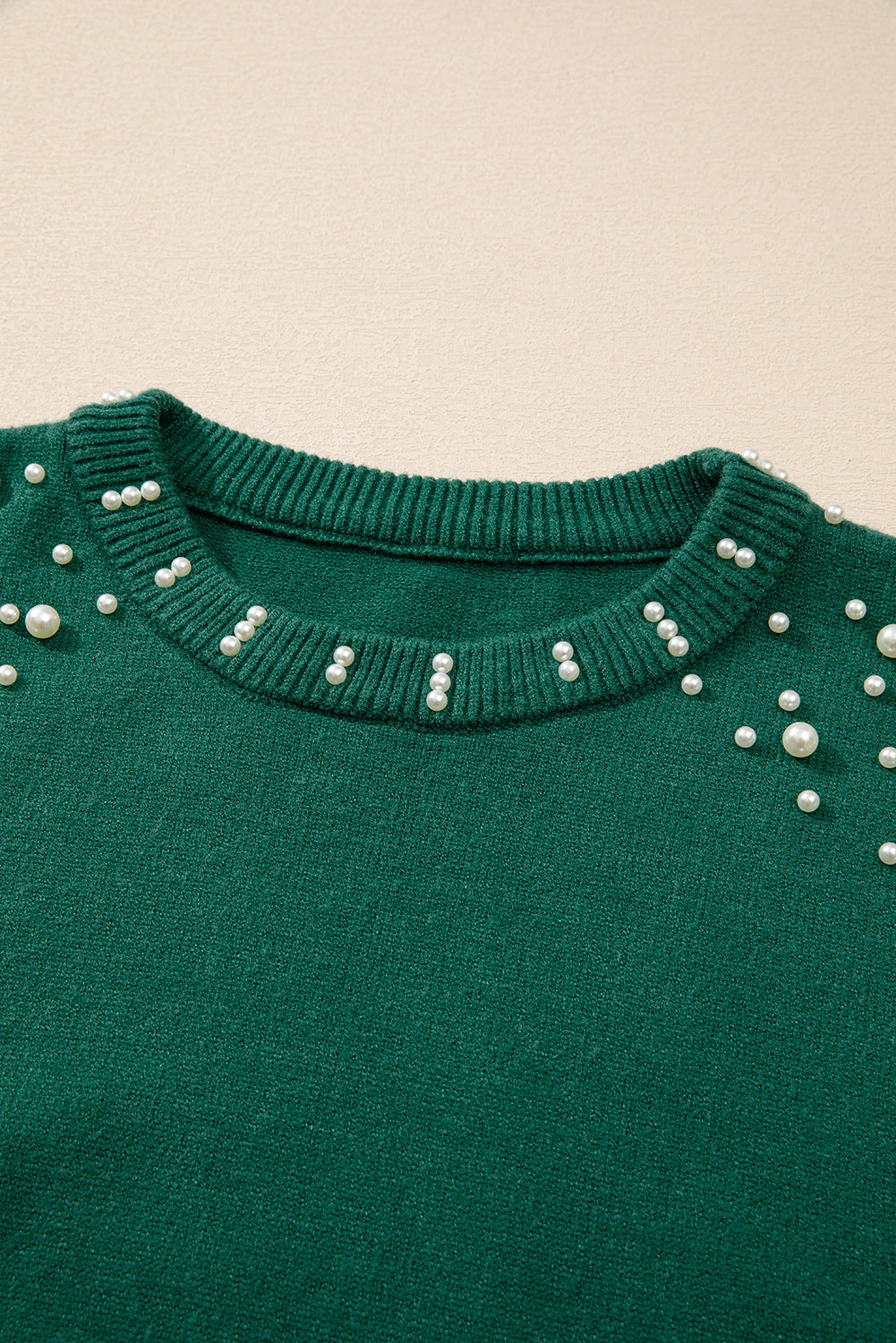 Evergreen Pearled Drop Shoulder Round Neck Sweater Dear-Lover Dropshipping