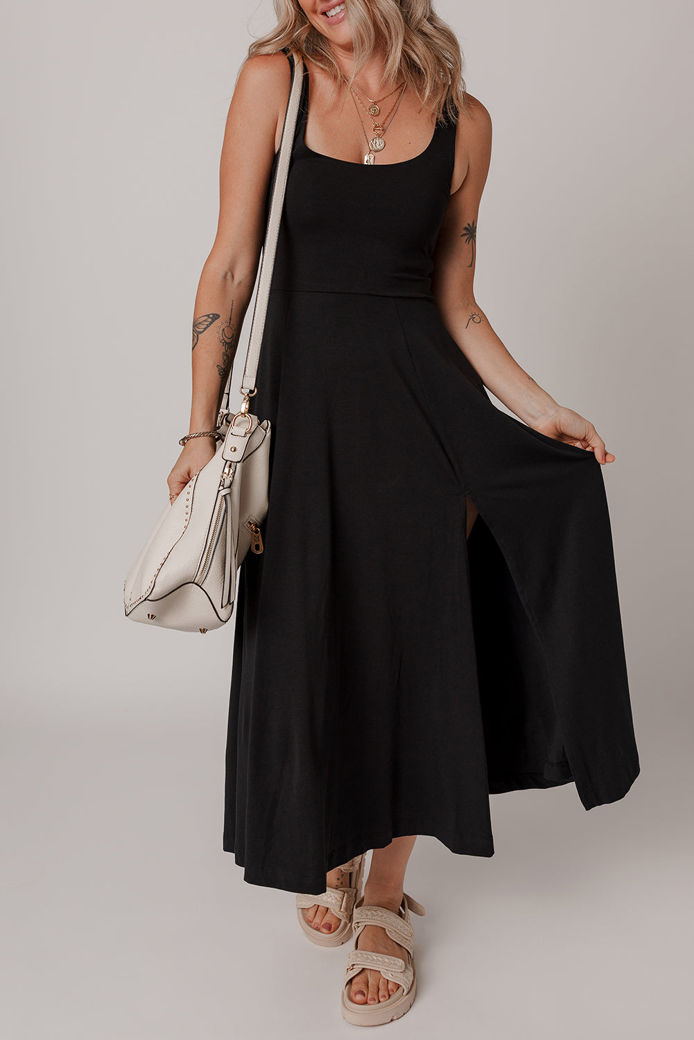 Black Sleeveless Scoop Neck Flared Split Midi Dress Dear-Lover Dropshipping