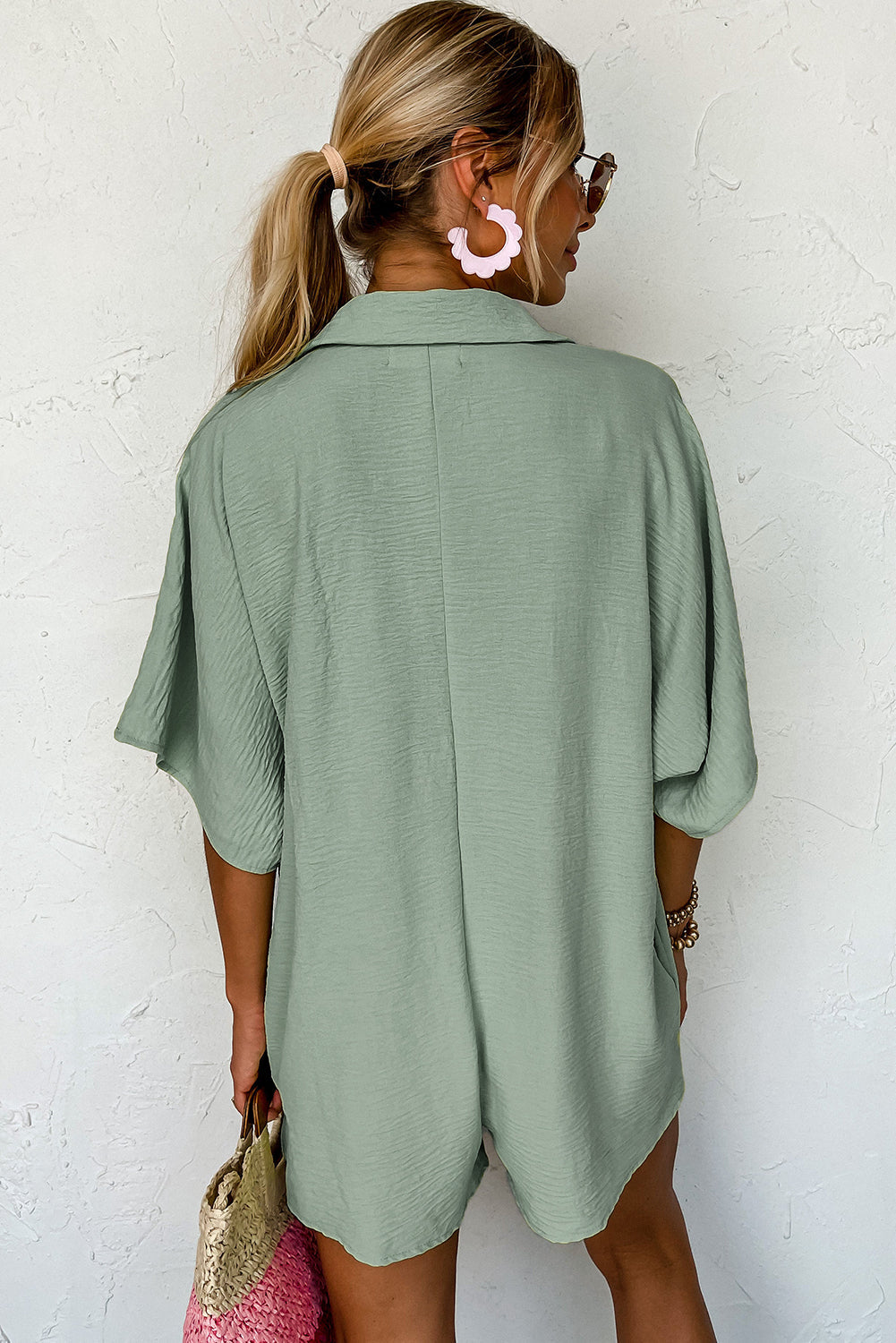 Spinach Green Half Button Collared Loose Romper Dear-Lover Dropshipping