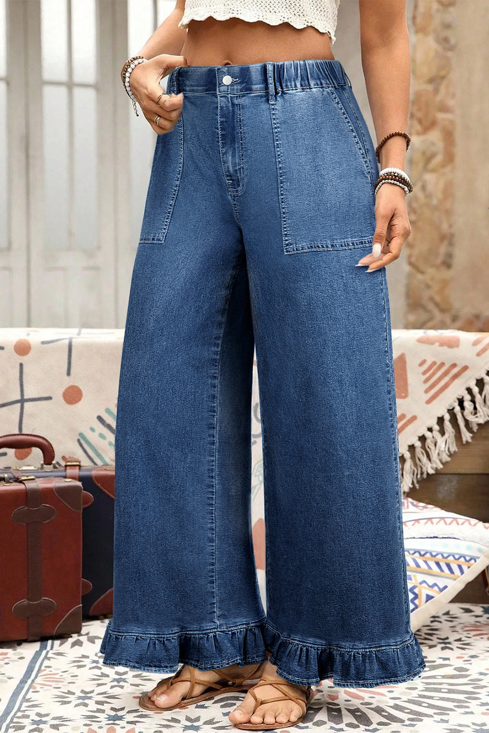 Sail Blue Plus Size Elastic Waist Ruffled Wide Leg Denim Pants
