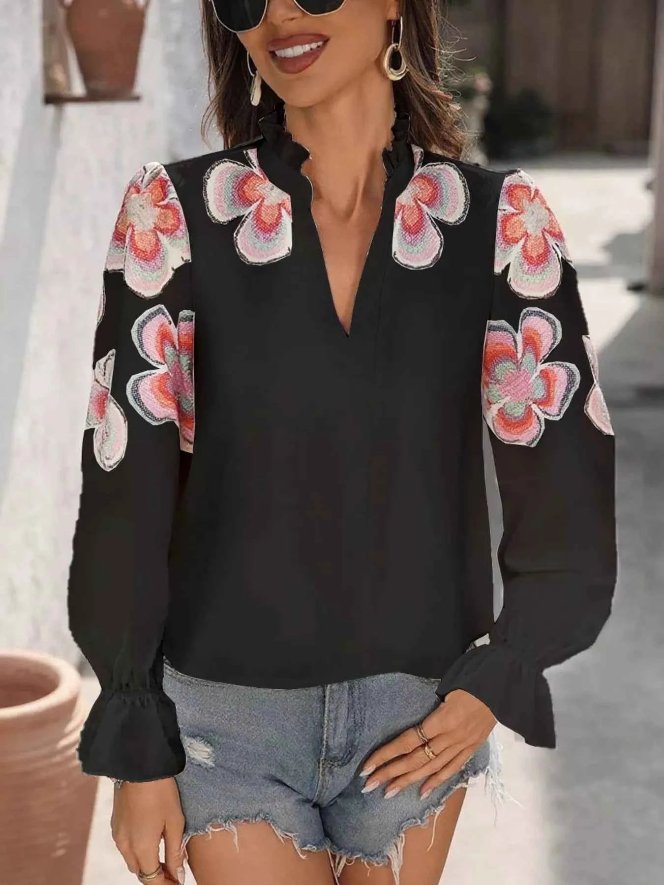 Floral Embroidered Notched Long Sleeve Blouse
