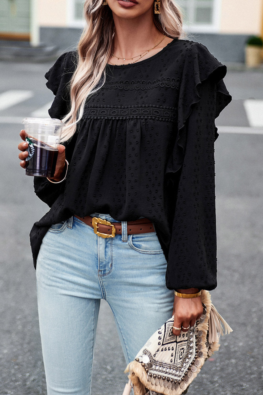 Black Lace Eyelet Ruffle Shoulder Long Sleeve Blouse Dear-Lover Dropshipping