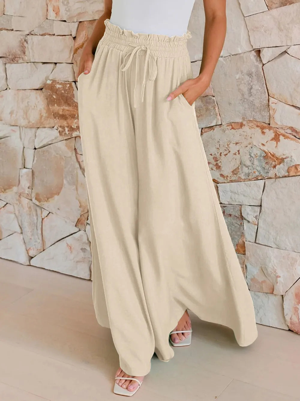 Drawstring Wide Leg Pants with Pockets.
