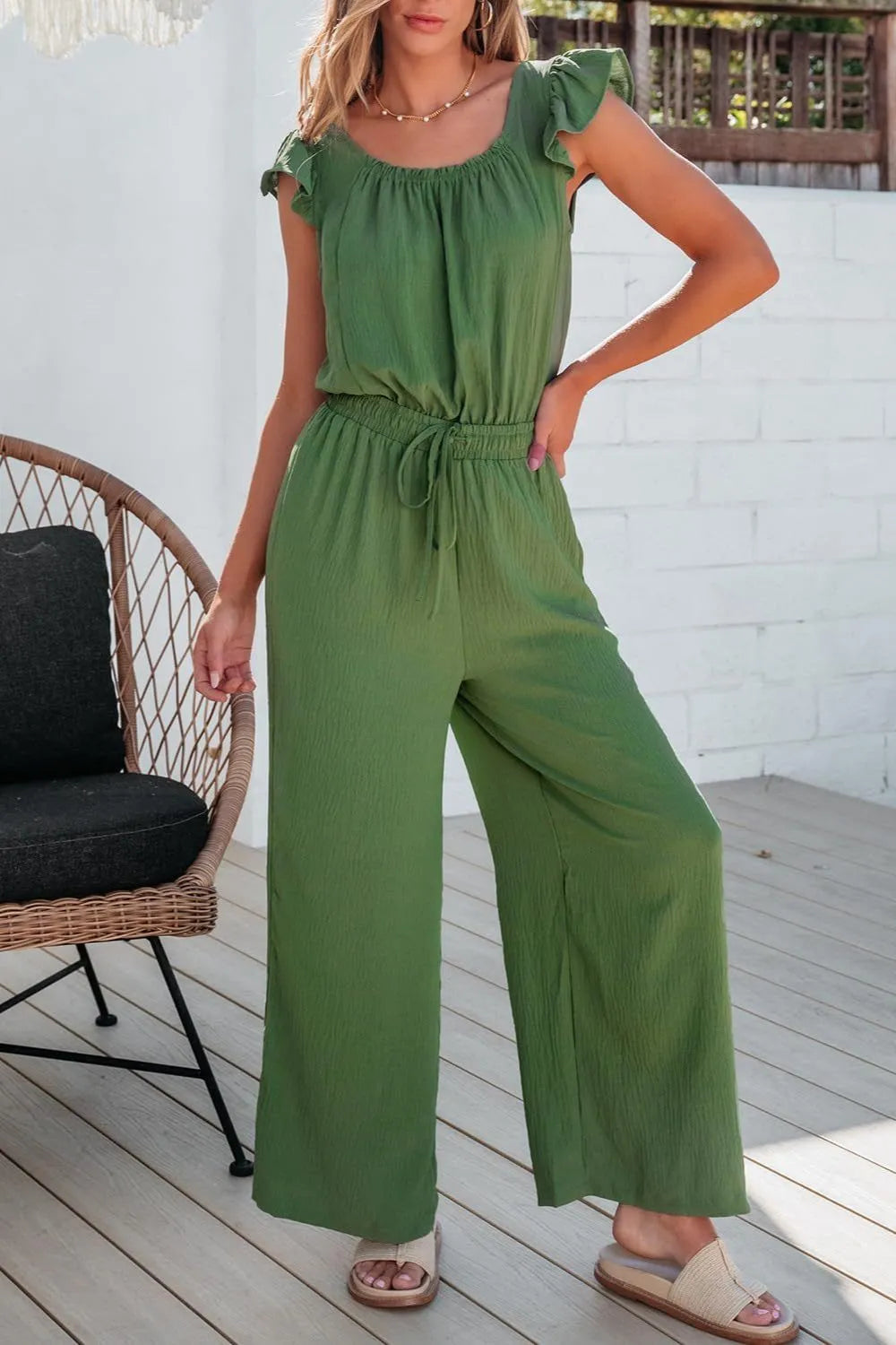 Ruffled Sleeve Wide Leg Jumpsuit.