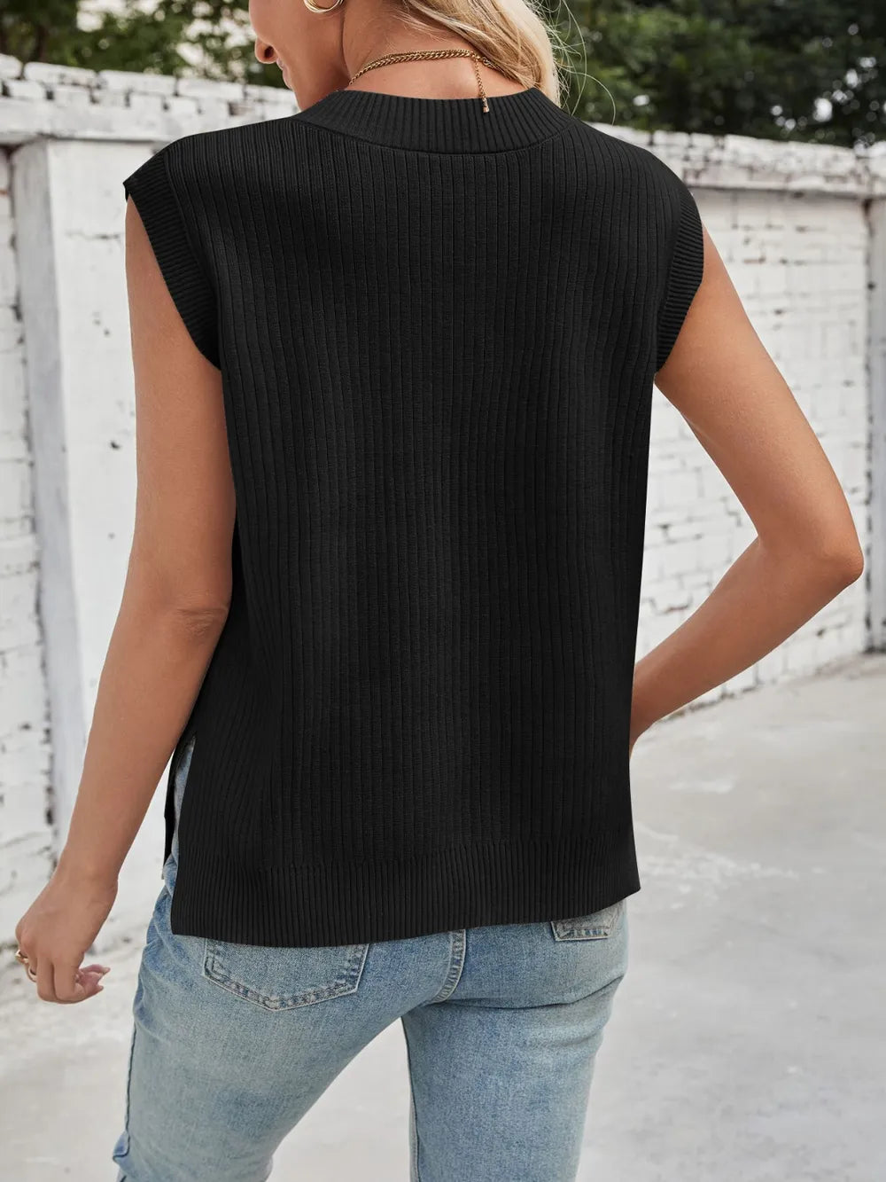 Lovelet Ribbed Slit V-Neck Sweater Vest.