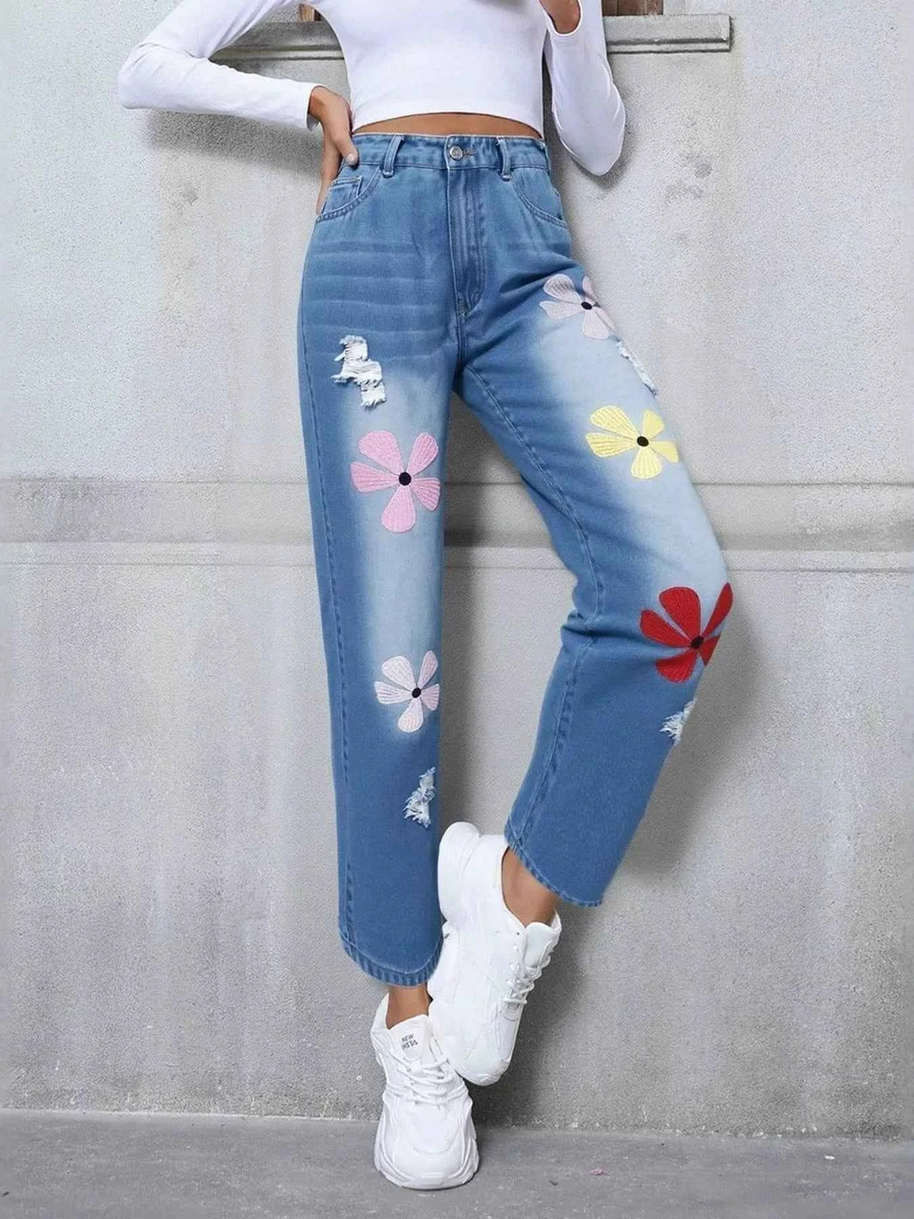 Floral Embroidered High Waist Distressed Jeans