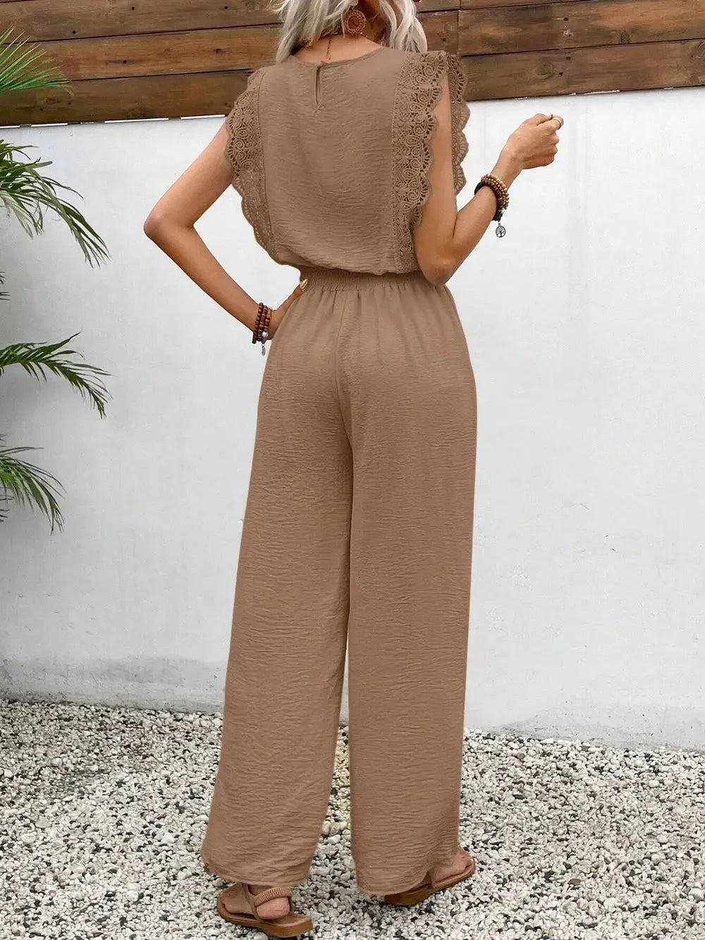 Lace Trim Round Neck Top and Pants Set - CHIC TB
