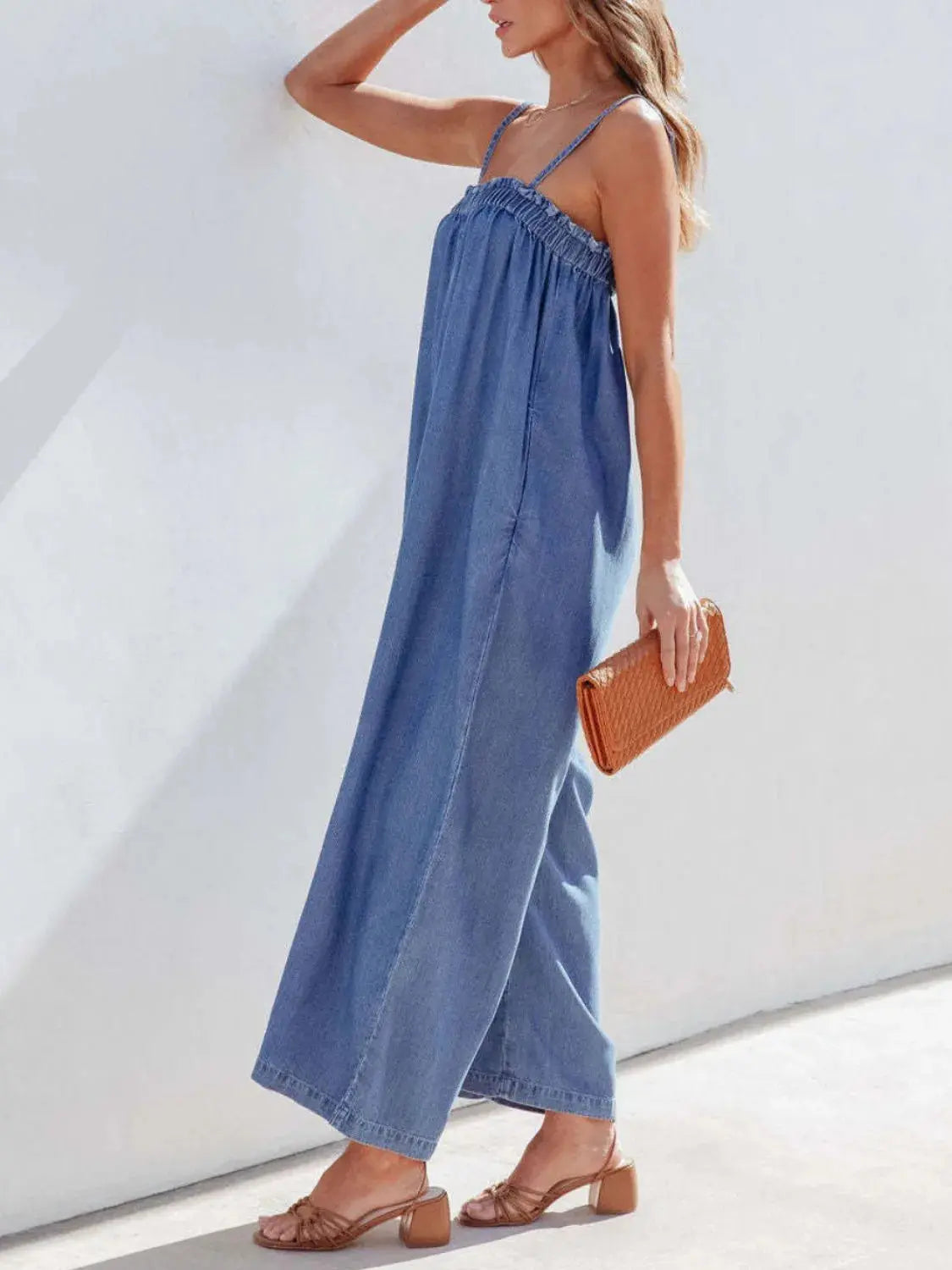 Spaghetti Strap Wide Leg Denim Jumpsuit.