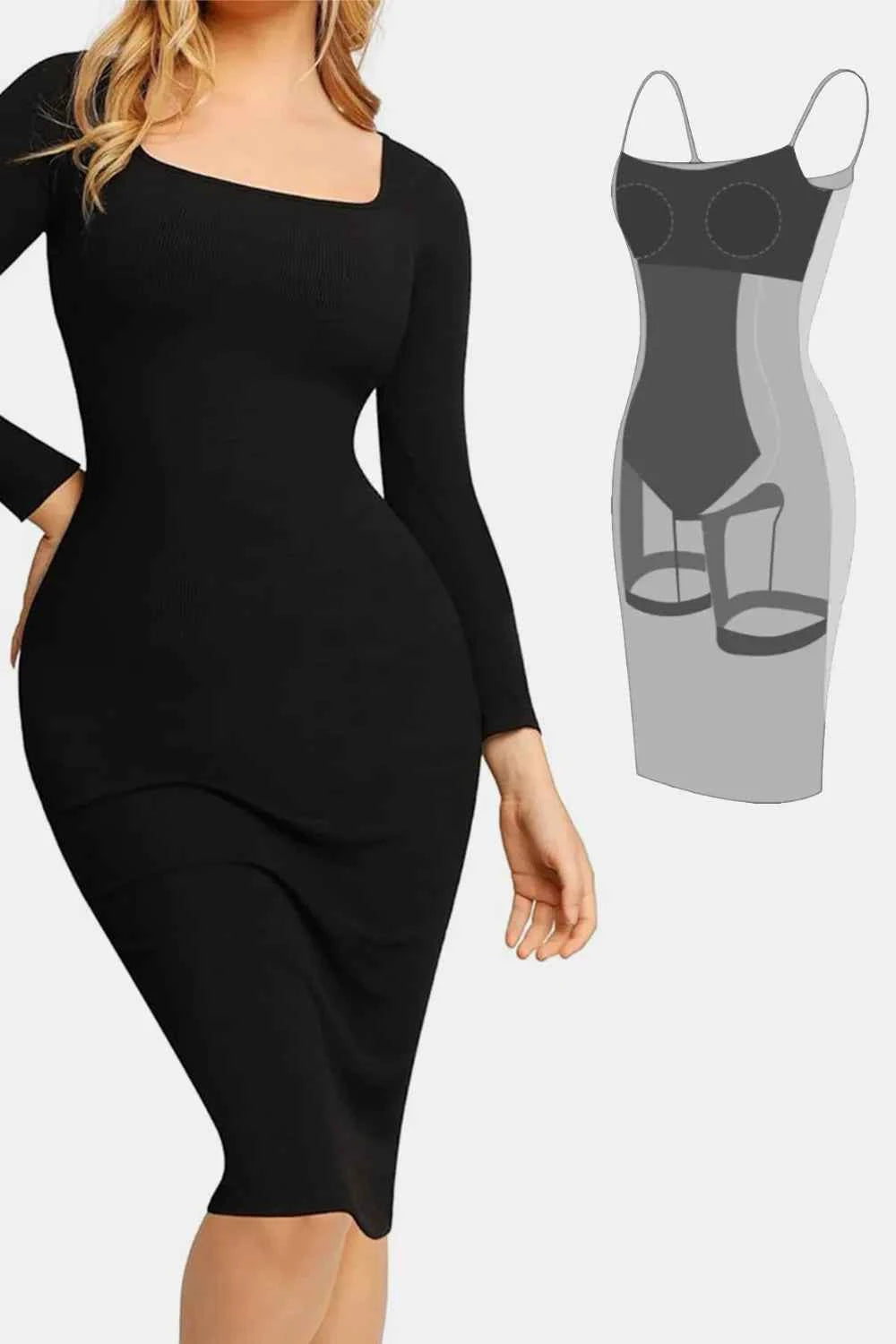 Basic Bae Full Size Built-In Shapewear Square Neck Long Sleeve Dress.