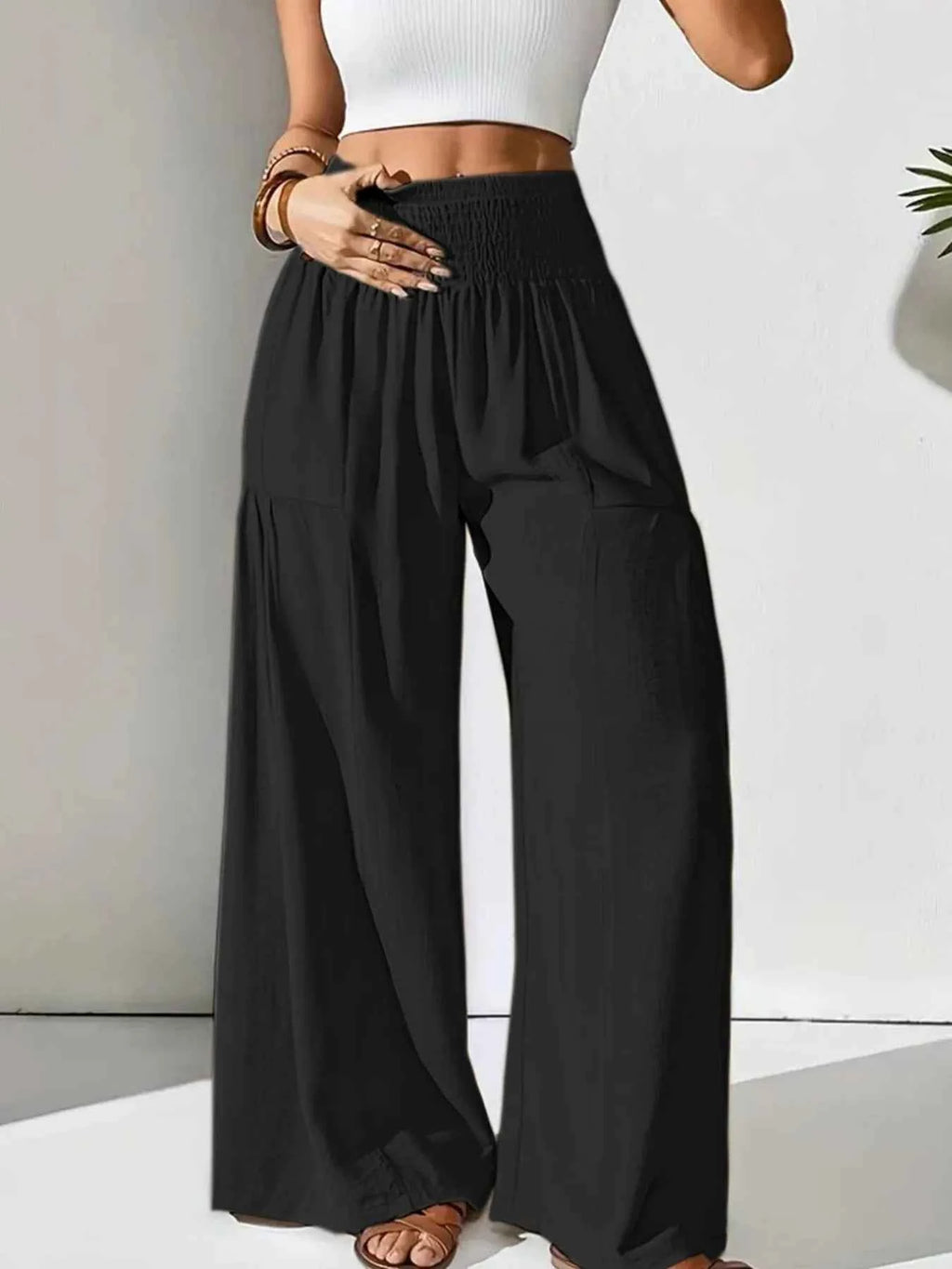 Smocked Waist Wide Leg Pants.