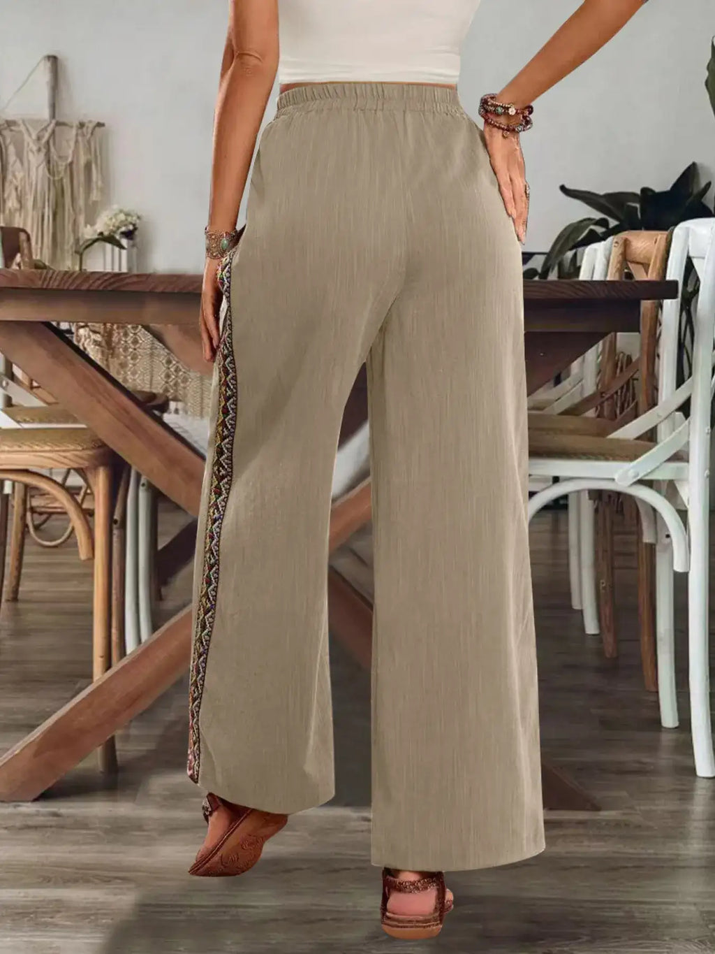 Bohemian Wide Leg Embroidered Side Stripe Pants.
