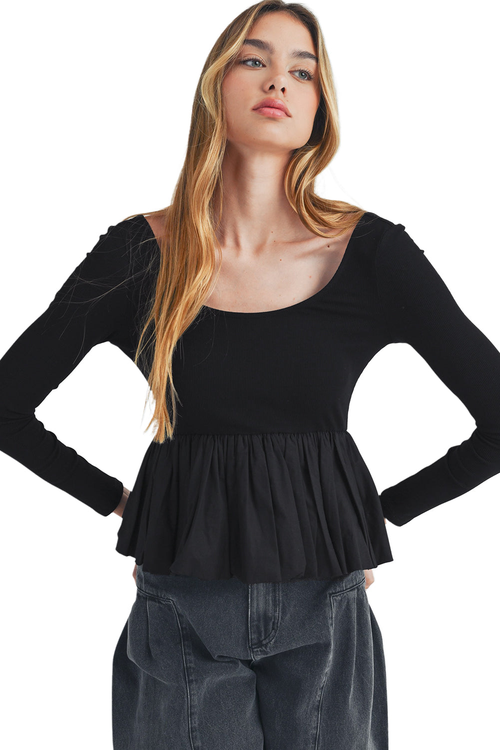Black Ribbed Knit Long Sleeve Scoop Neck Peplum Patchwork Top Dear-Lover Dropshipping