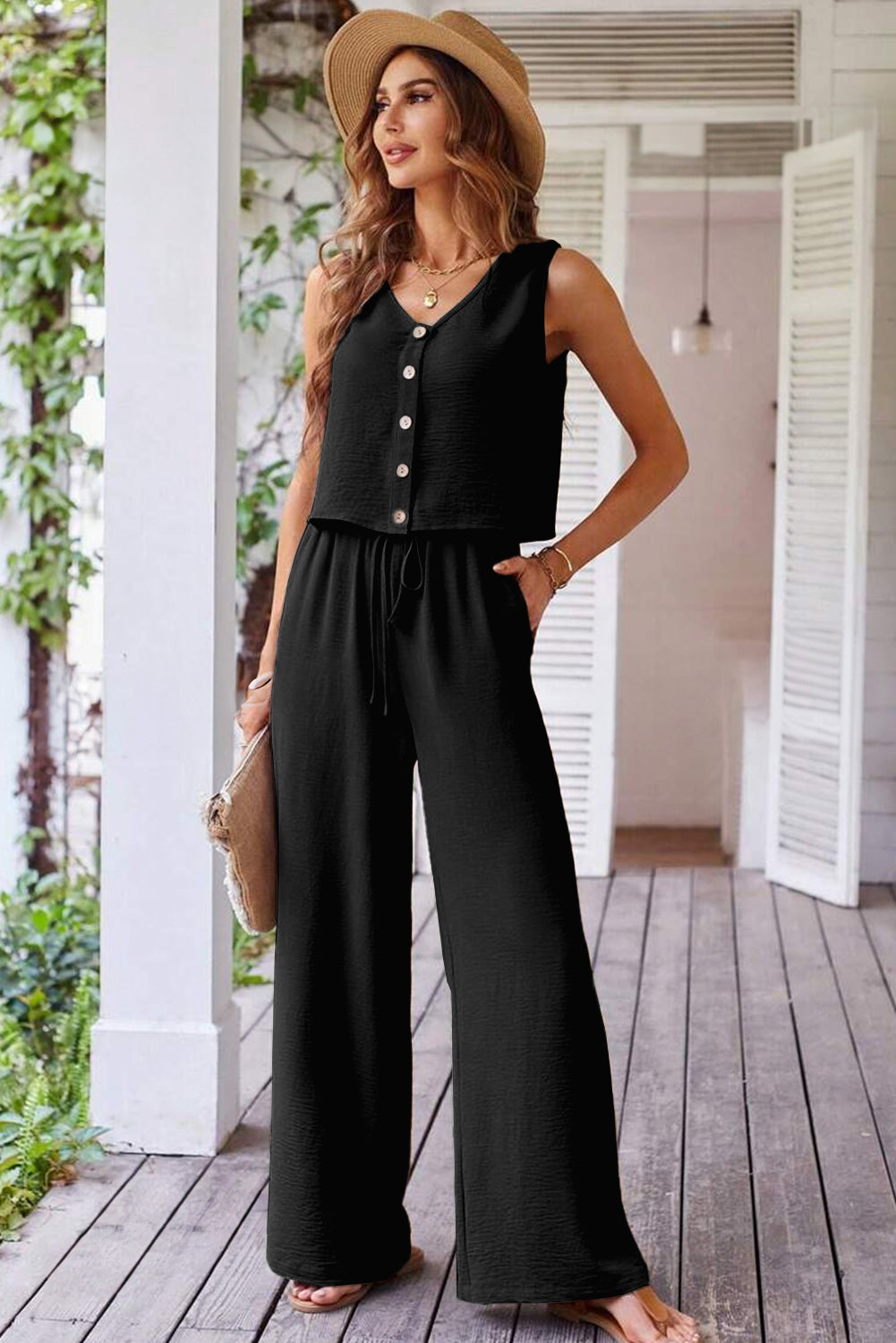 Black Buttoned Vest Drawstring Wide Leg Pants 2pcs Set Dear-Lover Dropshipping