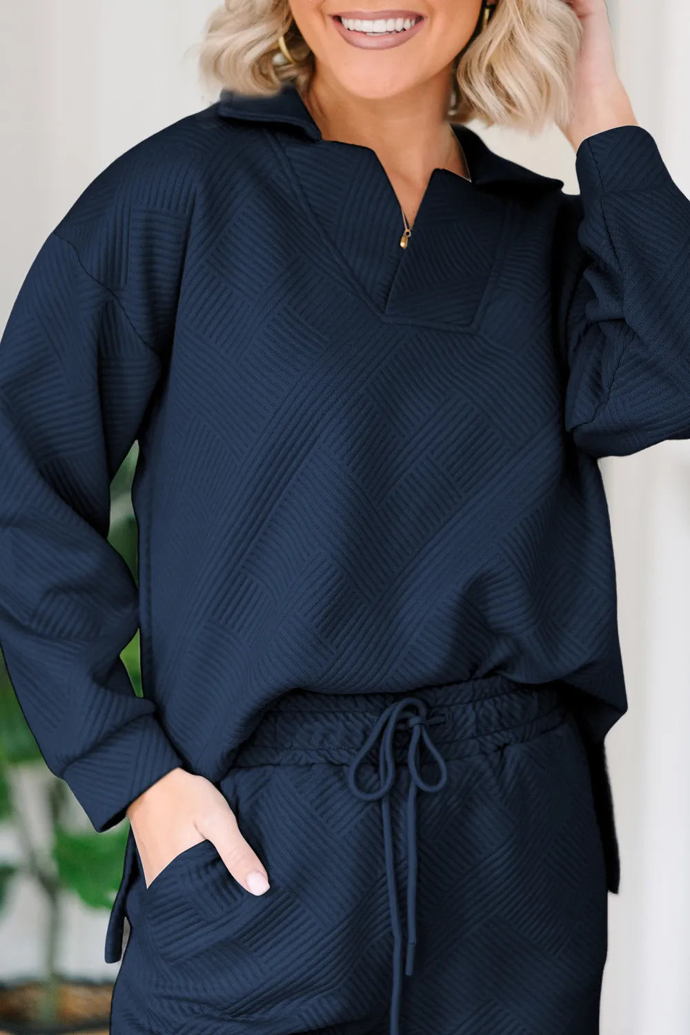 Textured Collared Neck Top and Wide Leg Pants Set.