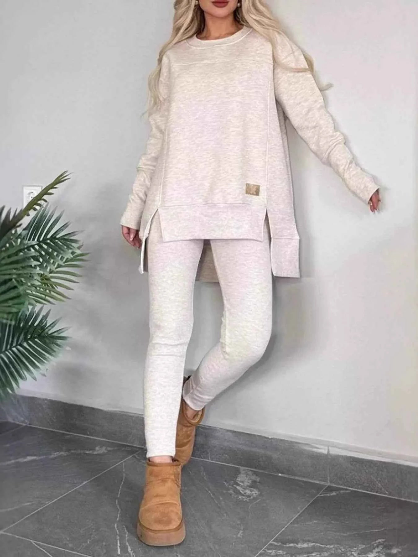 Full Size Slit Round Neck Top and Pants Set Plus Size