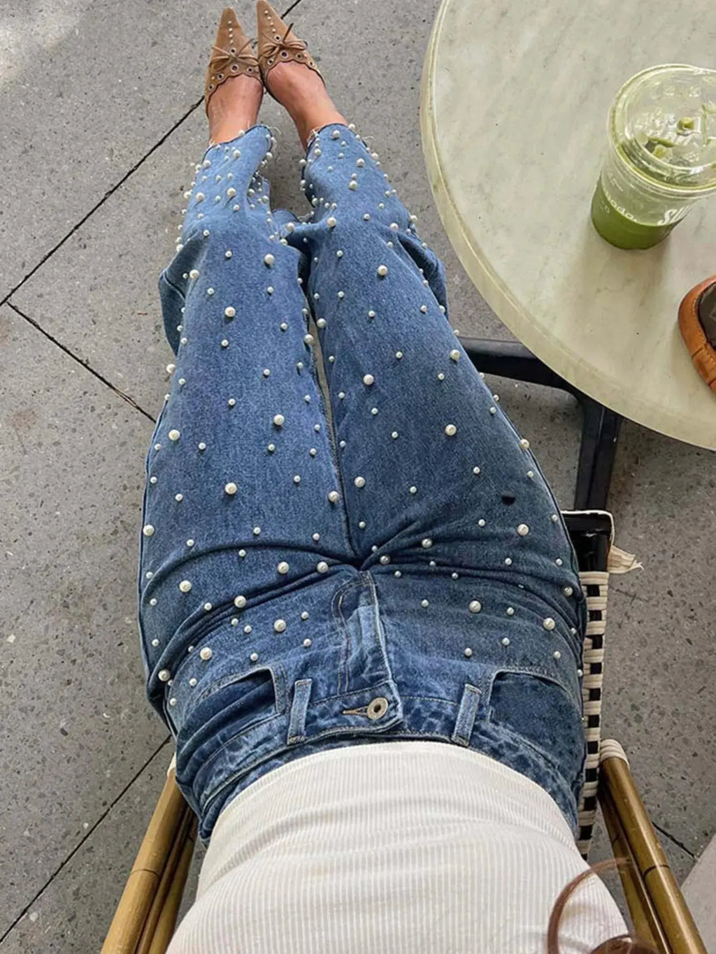 Pearl Embellished High Waist Straight Leg Jeans.