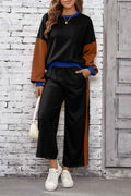 Black 2pcs Color Block Pullover Loose Pant Set