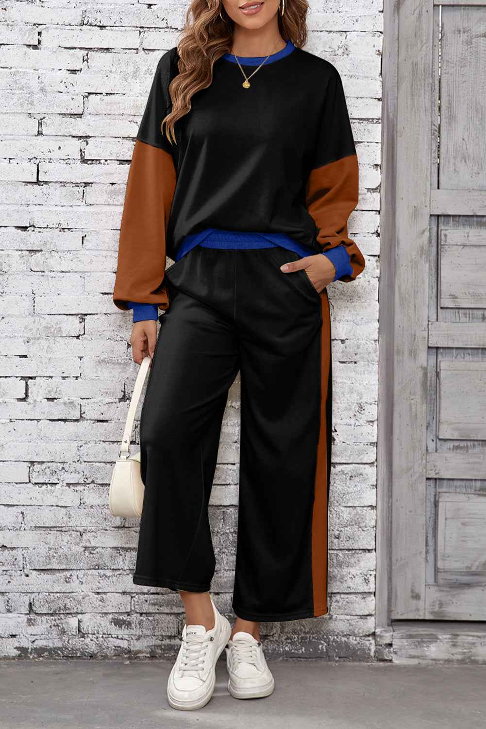Black 2pcs Color Block Pullover Loose Pant Set