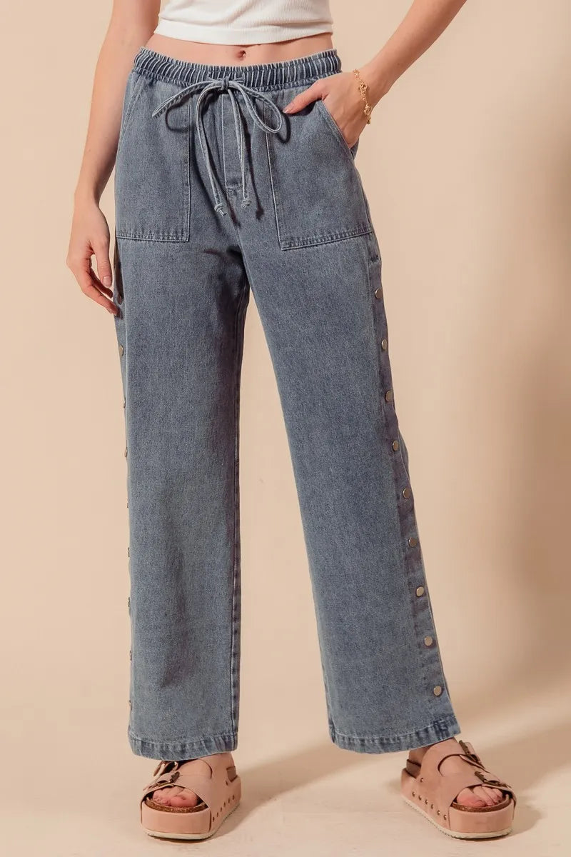 Mid Rise Drawstring Jeans with Side Snap Button.