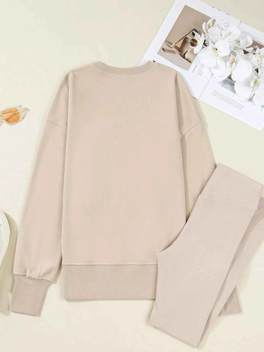 Solid Color Oversize Slit Sweatshirt and Ribbed Leggings 2pcs Set