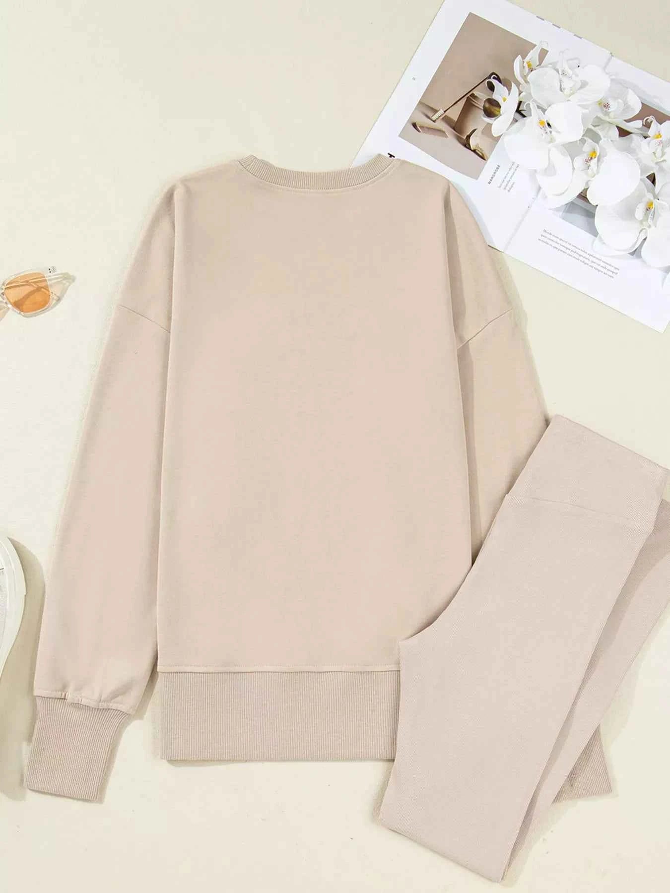 Solid Color Oversize Slit Sweatshirt and Ribbed Leggings 2pcs Set