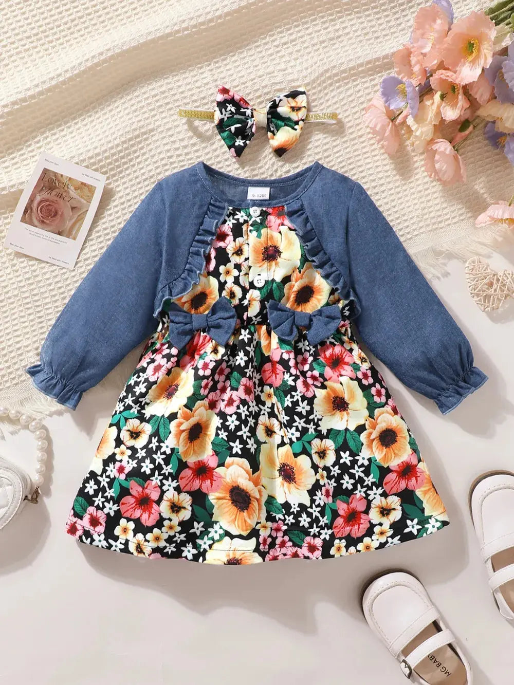 Children's Ruffled Bow Contrast Floral Dress with Headband.