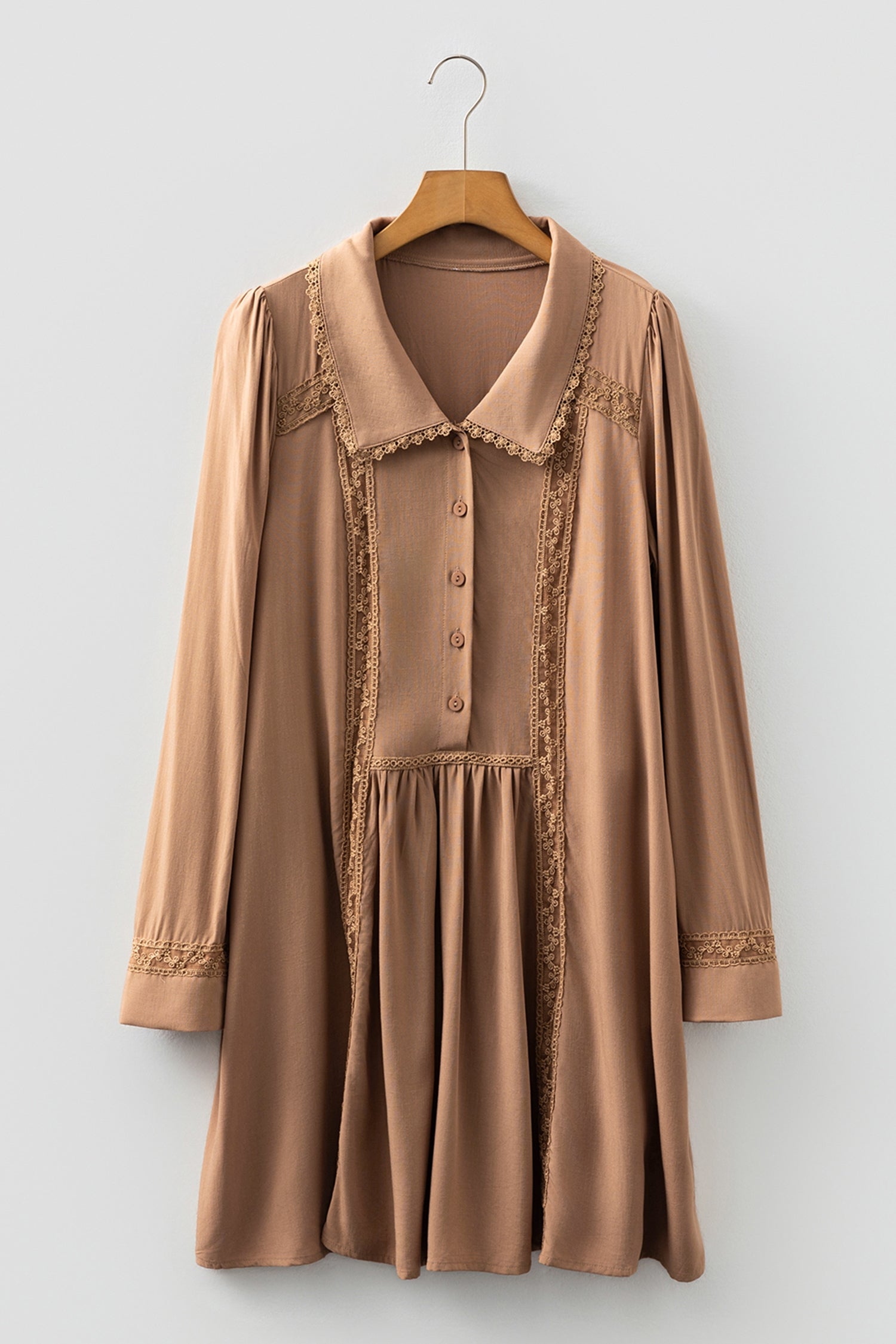 Straw Yellow Lace Trim Peter Pan Collar Long Sleeve Mini Shirt Dress Dear-Lover Dropshipping