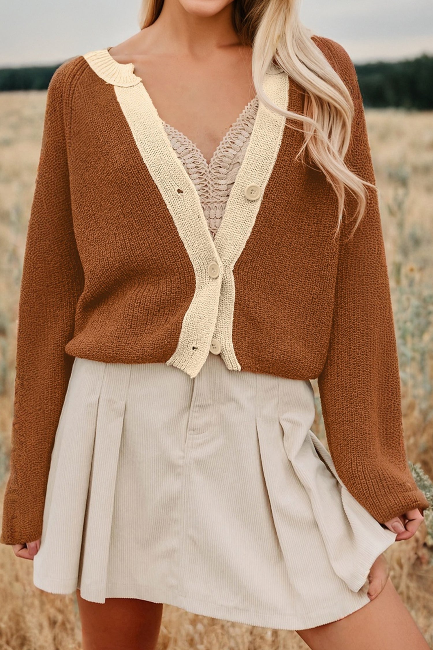 Chestnut Contrast Knit V Neckline Short Cardigan