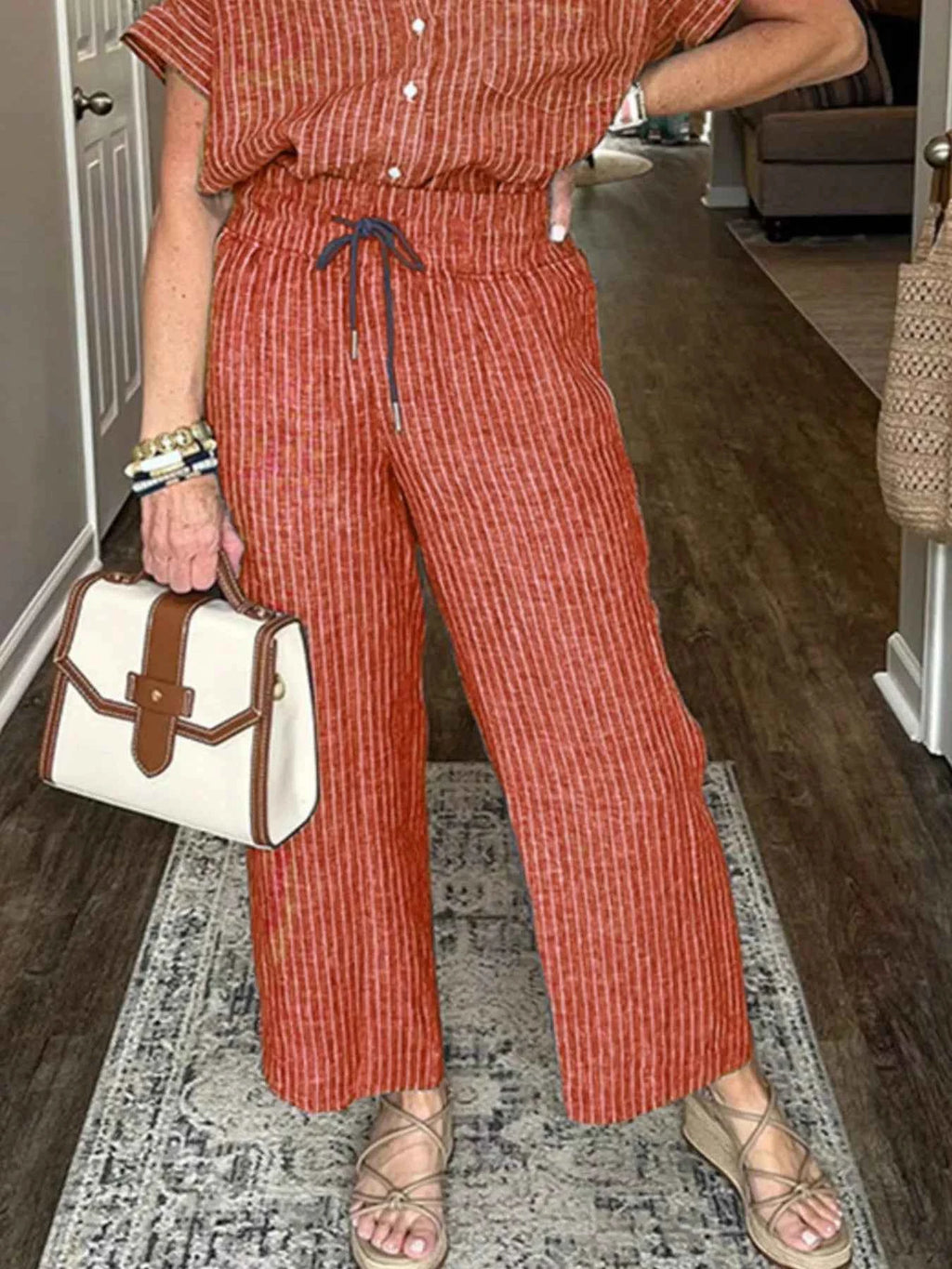Full Size Striped Button-Up Shirt and Wide Leg Pants Casual Set Plus Size.