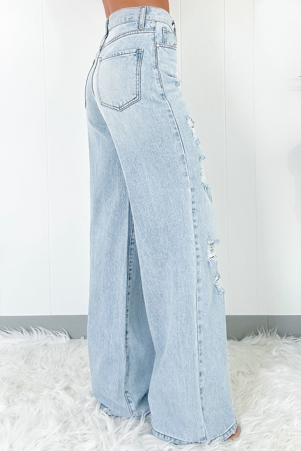 Beau Blue Light Wash Distressed High Waist Wide Leg Jeans Dear-Lover Dropshipping