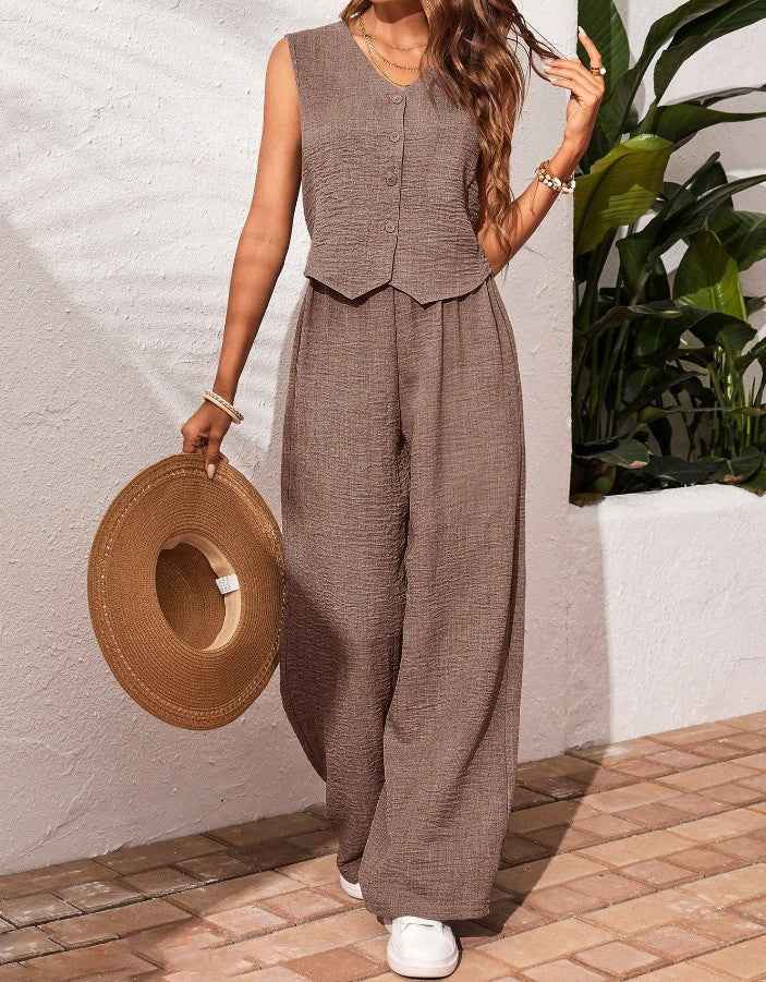 Linen Leisure Commute Front Button Vest And Trousers