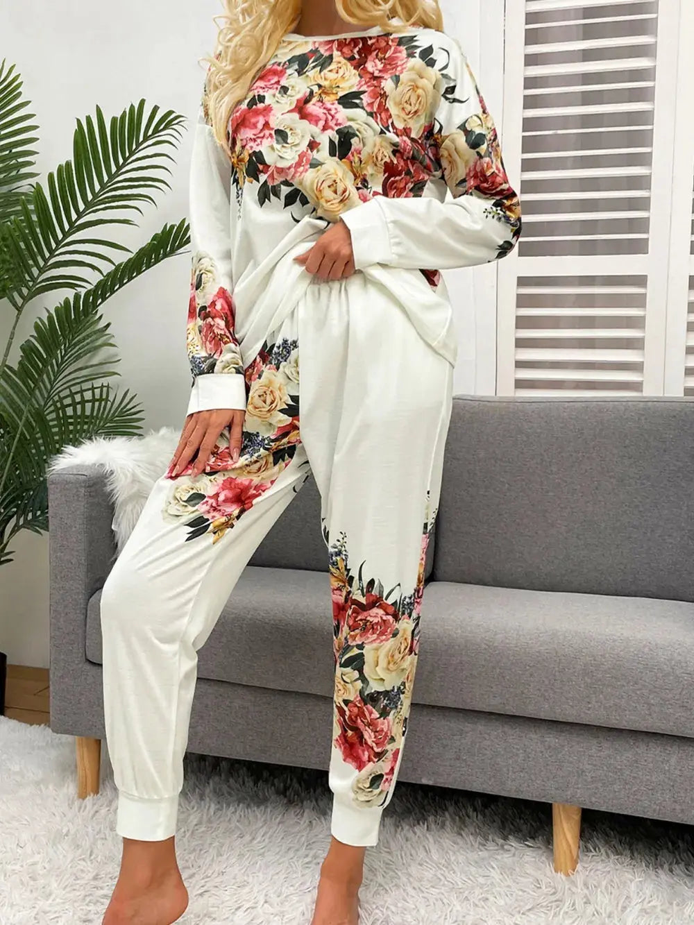 Shiny Printed Round Neck Top and Pants Lounge Set.