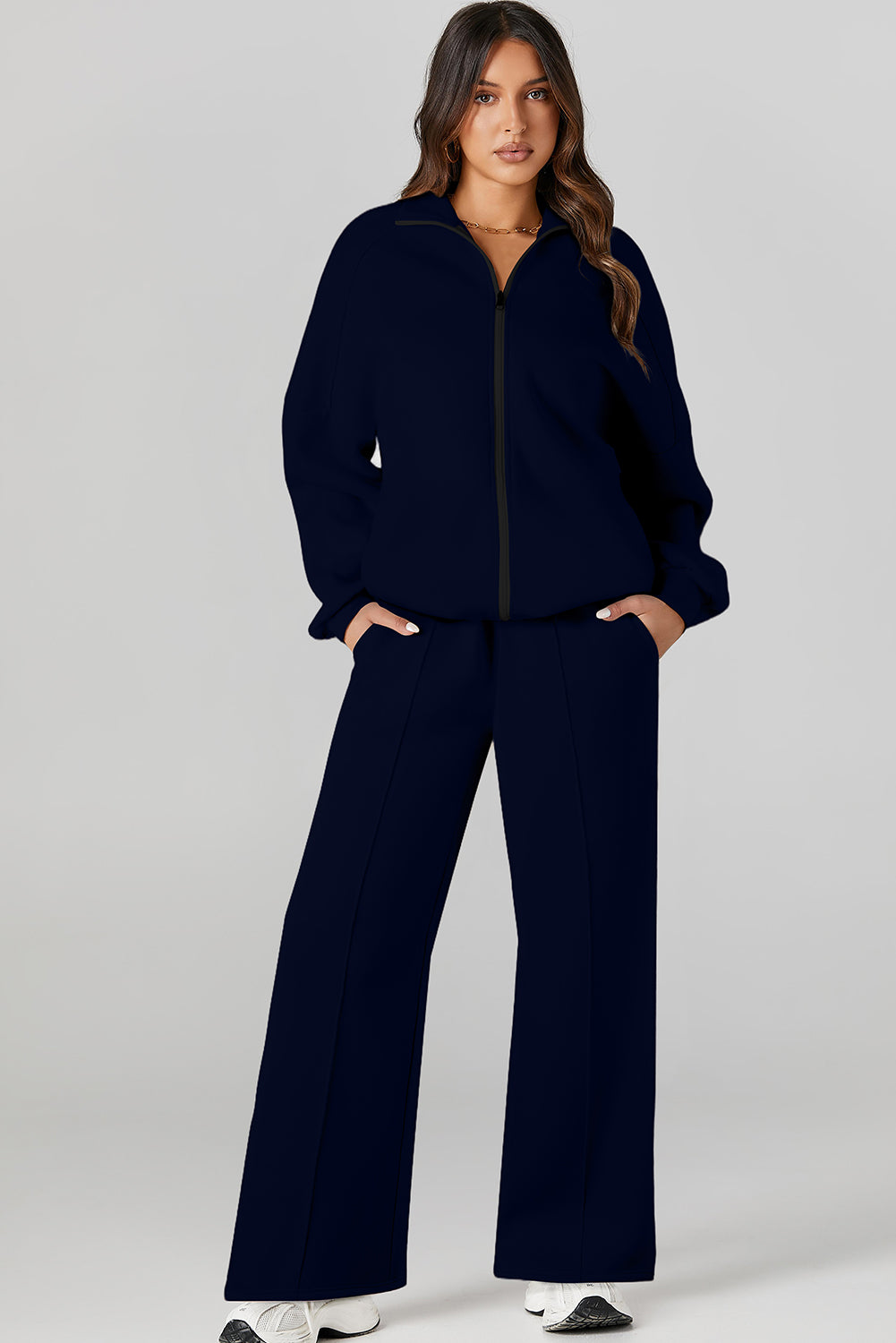 Navy Blue Drop Shoulder Zip Up Jacket Drawstring Pants Active 2pcs Set Dear-Lover Dropshipping